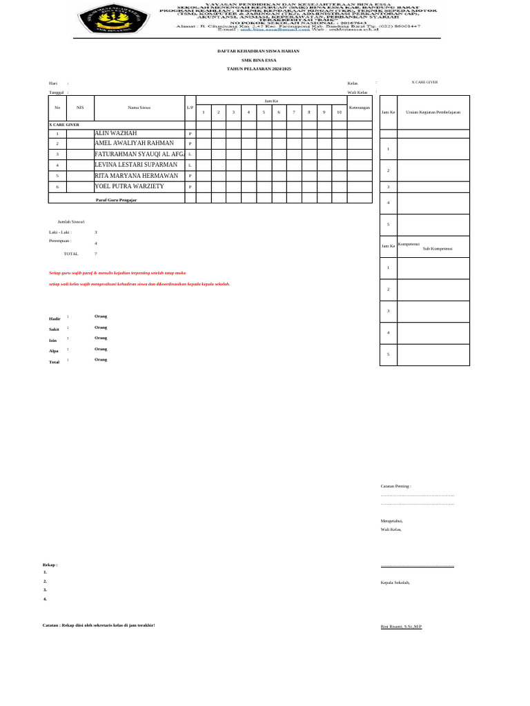 Daftar Kehadiran Siswa SMK 2024/2025 | PDF