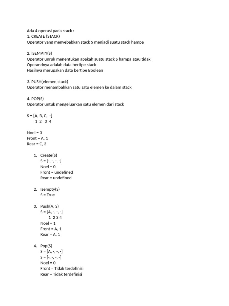 Operasi Dasar pada Stack: CREATE, ISEMPTY, PUSH, POP | PDF