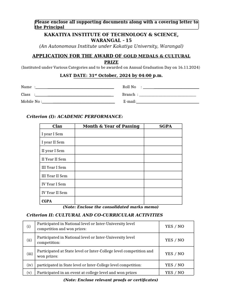 Gold Medals & Cultural Prize Application | PDF | Qualifications