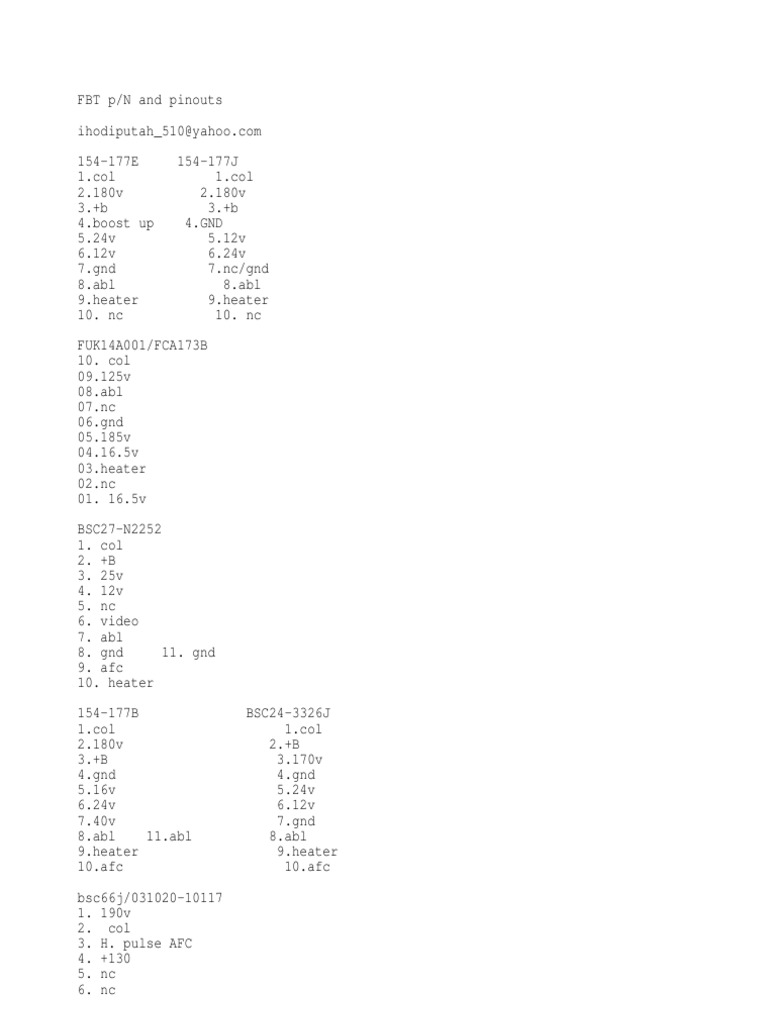 FBT Pinouts | PDF | Analog Circuits | Electrical Components