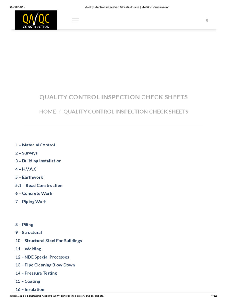Quality Control Inspection Check Sheets - QA - QC Construction | PDF ...