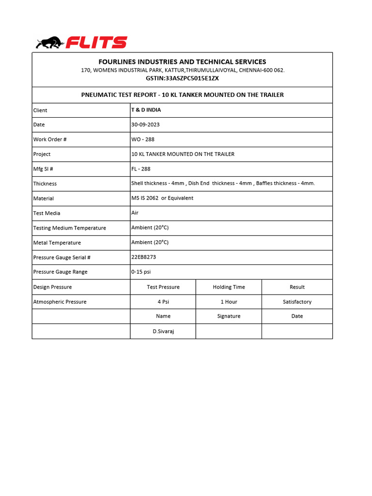 Pneumatic Test Report For 10 Kl Tanker Pdf