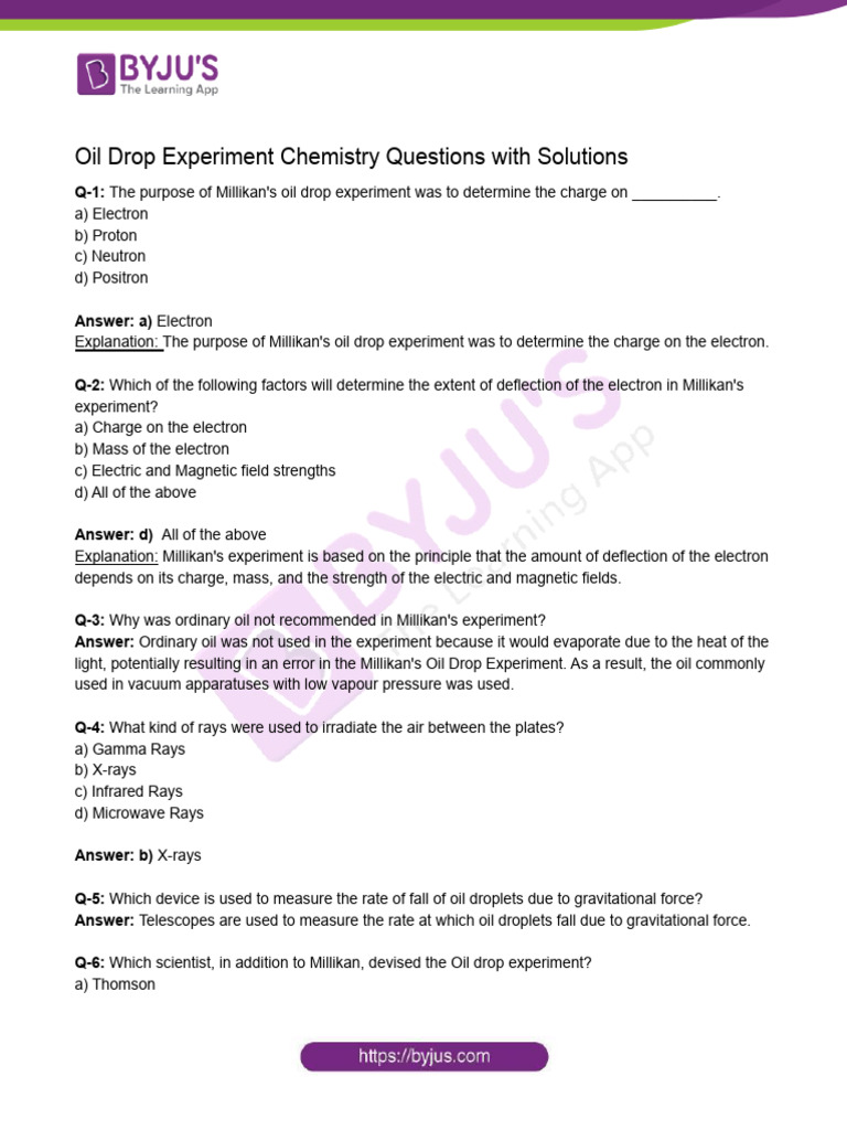 Millikan's Oil Drop Experiment Explained | PDF | Electron | Physics