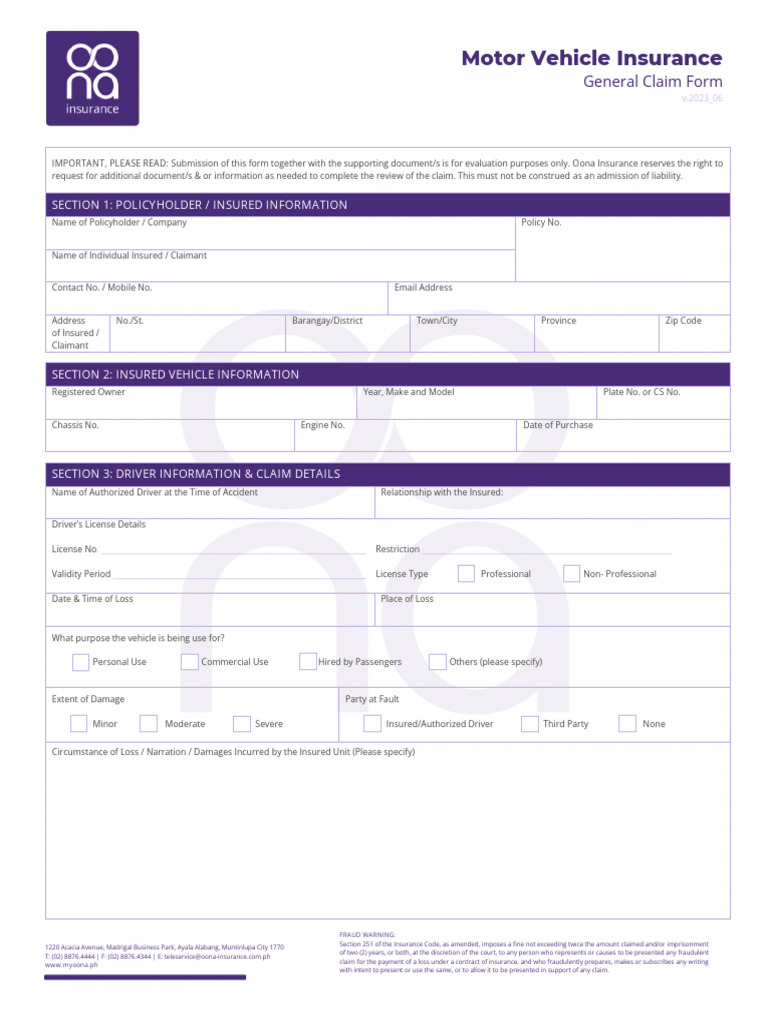 OONA Motor Insurance Claim | PDF | Insurance | Vehicle Insurance