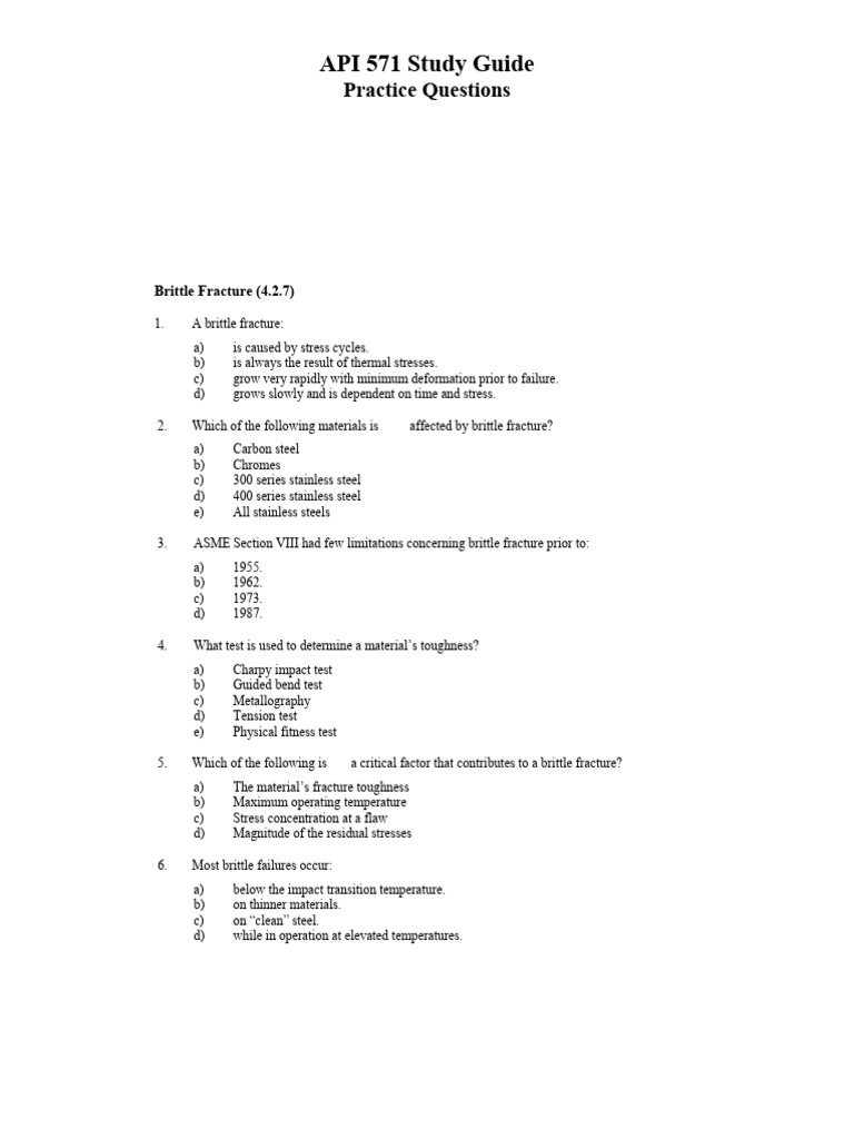 API 571 Study Guide Practice Questions With Answer Key | PDF | Fracture ...