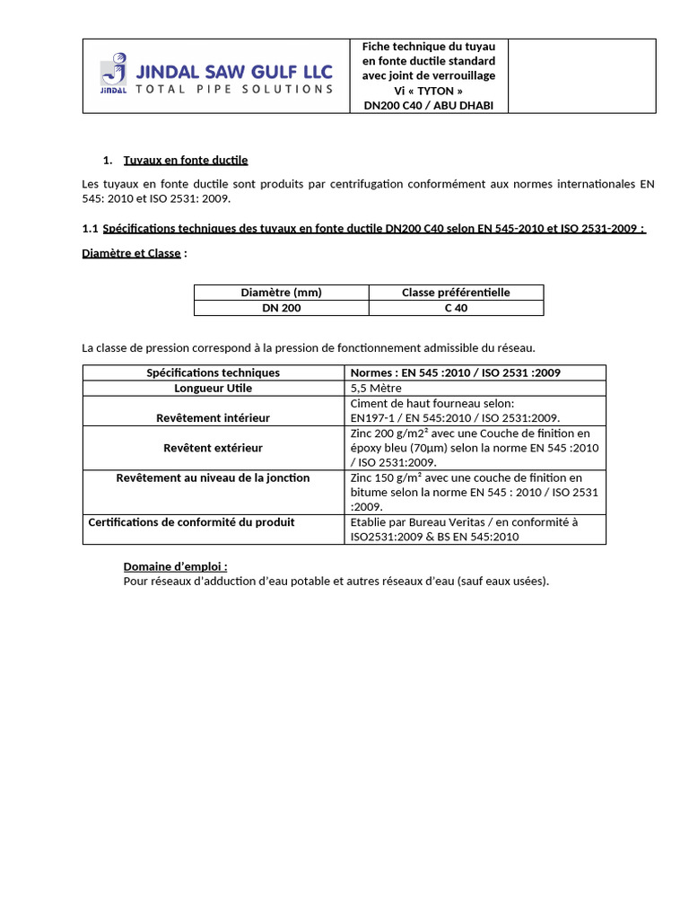 Fiche technique tuyau fonte ductile DN200 | PDF | Tuyau | Ciment