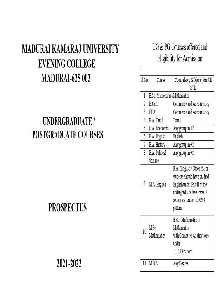 MKU Evening College Course Prospectus | PDF | Educational Stages