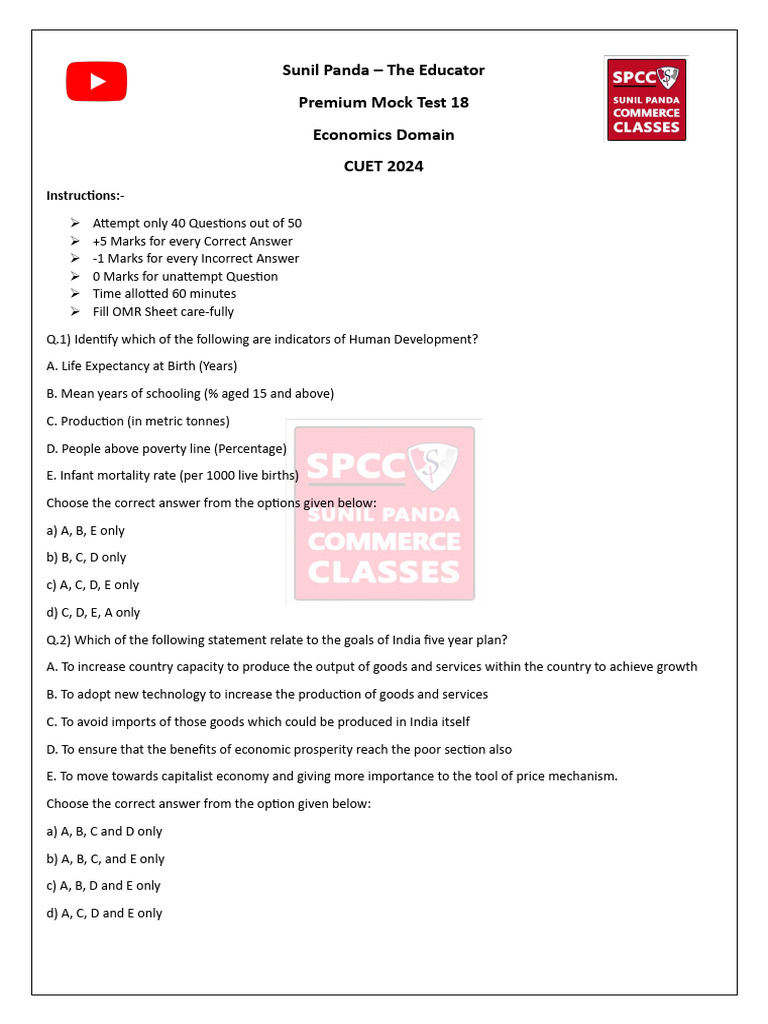 CUET 2024 Economics Mock Test Guide | PDF | Demand | Goods