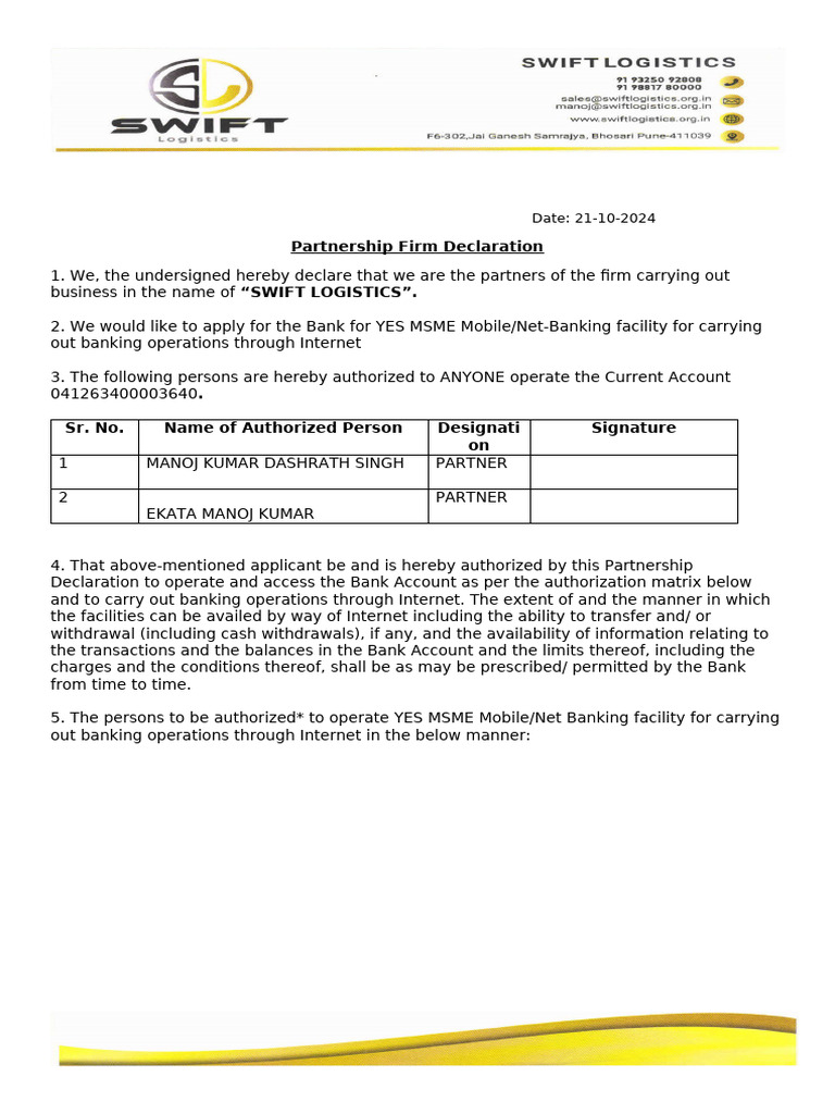 Partnership and LLP Declaration-MSME | PDF | Financial Services | Banking