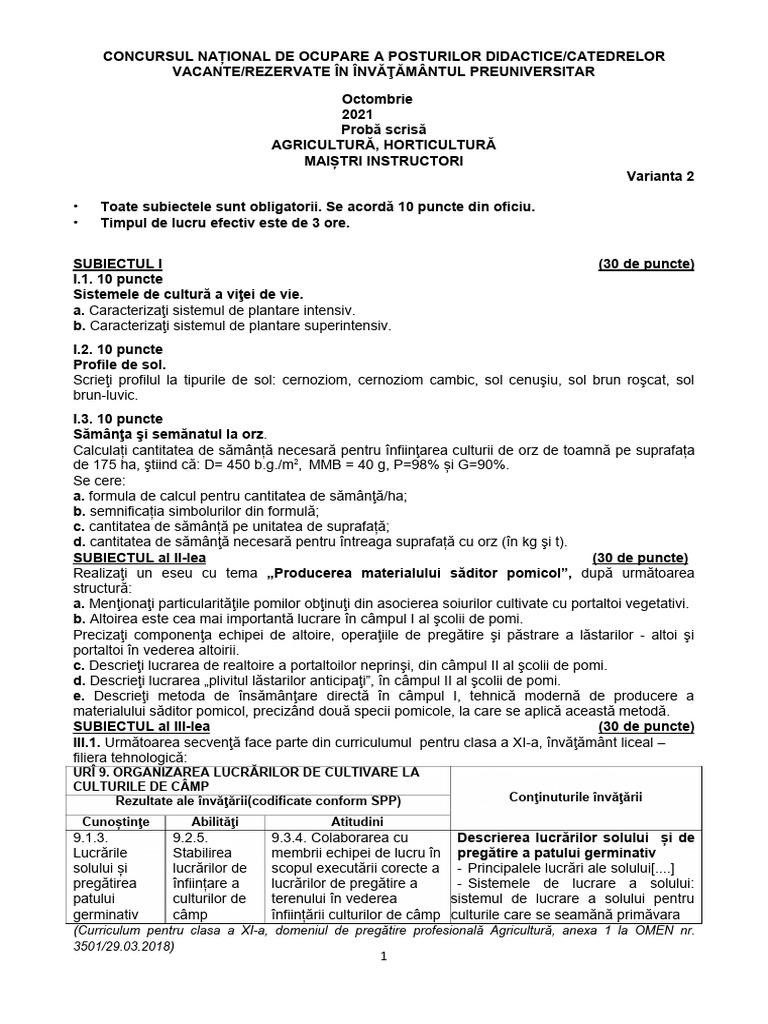 Varianta 2 Subiecte Agricultura | PDF