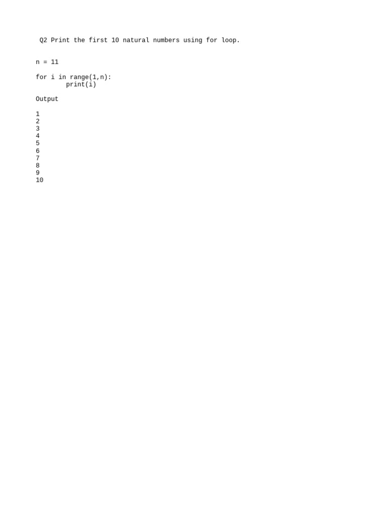 Q2 Print The First 10 Natural Numbers Using For Loop | PDF