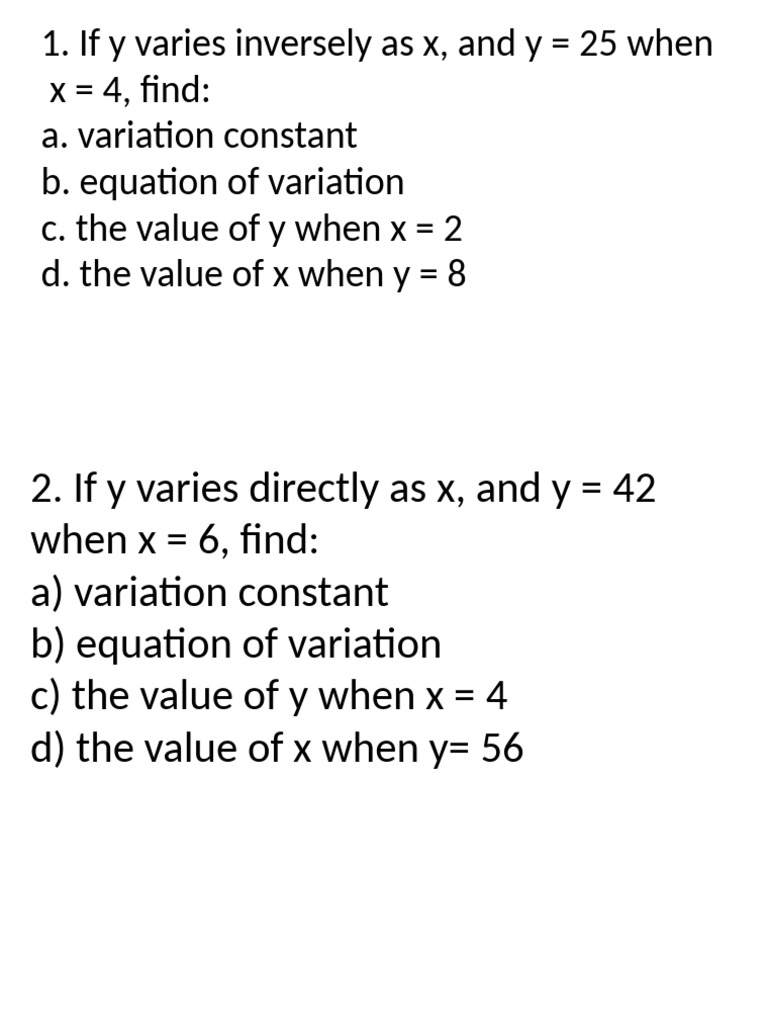 Direct and Inverse Variation Quiz | PDF