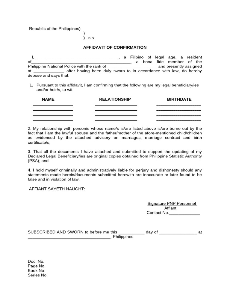 Pnp Affidavit Of Legal Beneficiaries Pdf Career Growth Social