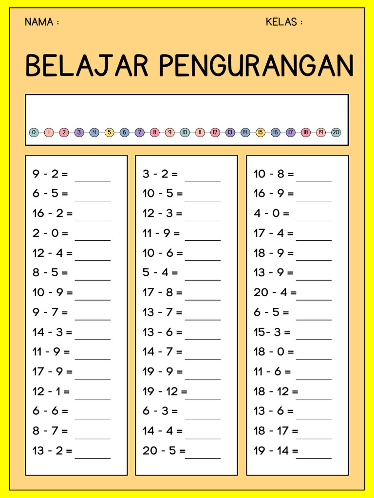 Basic Subtraction From 20 Number Line Worksheet Pdf