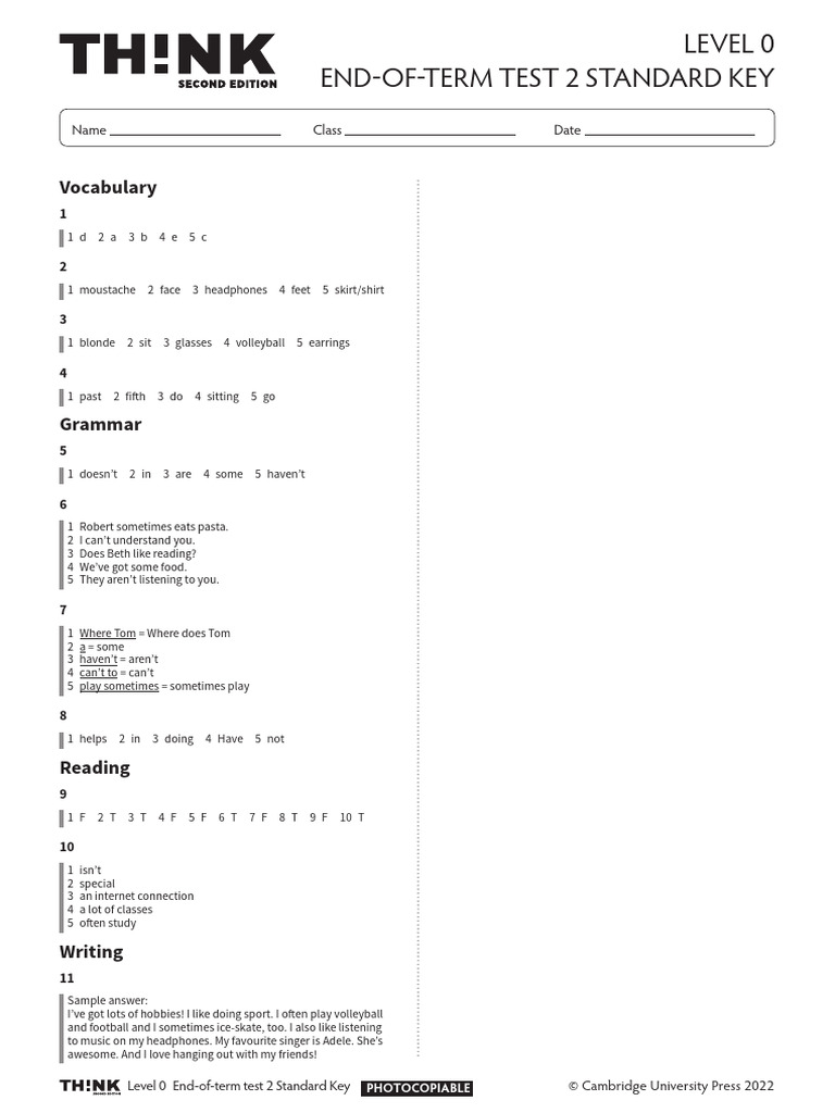 Thk2e BrE L0 End of Term Standard Test Answer Key 2 | PDF