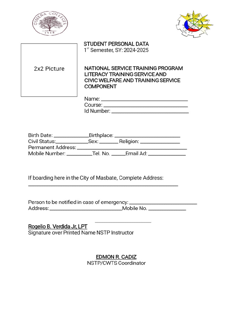 NSTP Student Personal Data | PDF