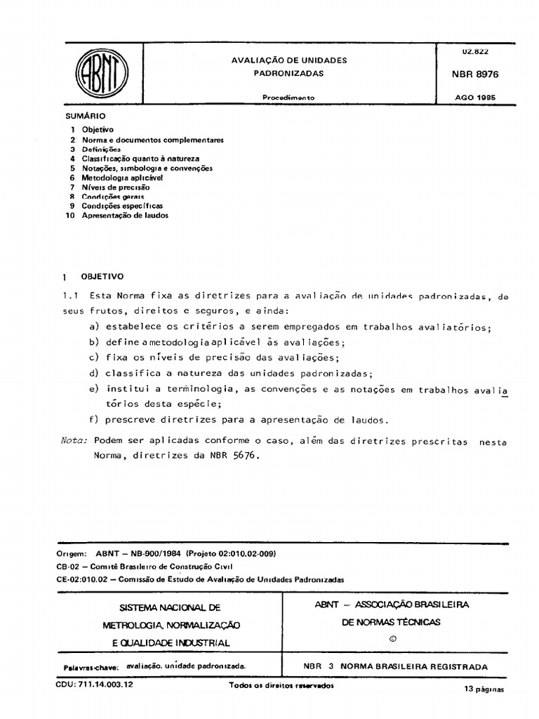 Avaliação de Unidades Padronizadas NBR 8976 | PDF
