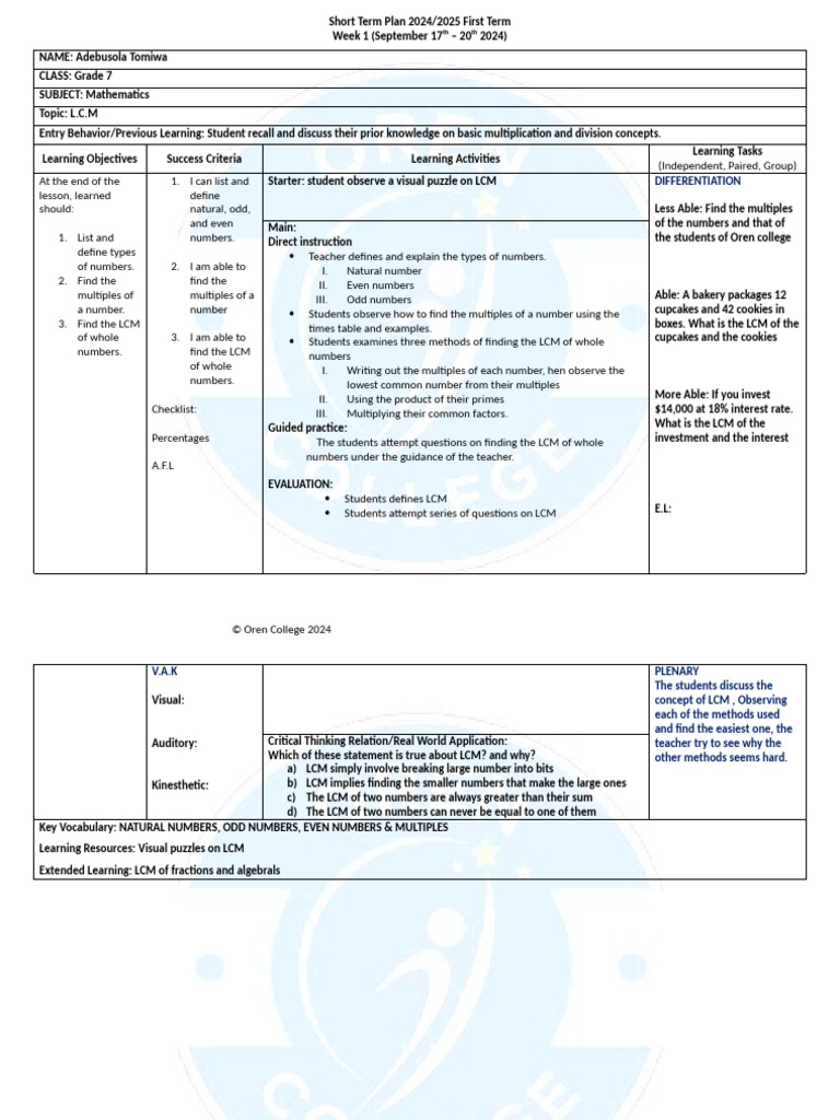 Grade 7 Math Lesson Plan: LCM | PDF | Learning | Multiplication