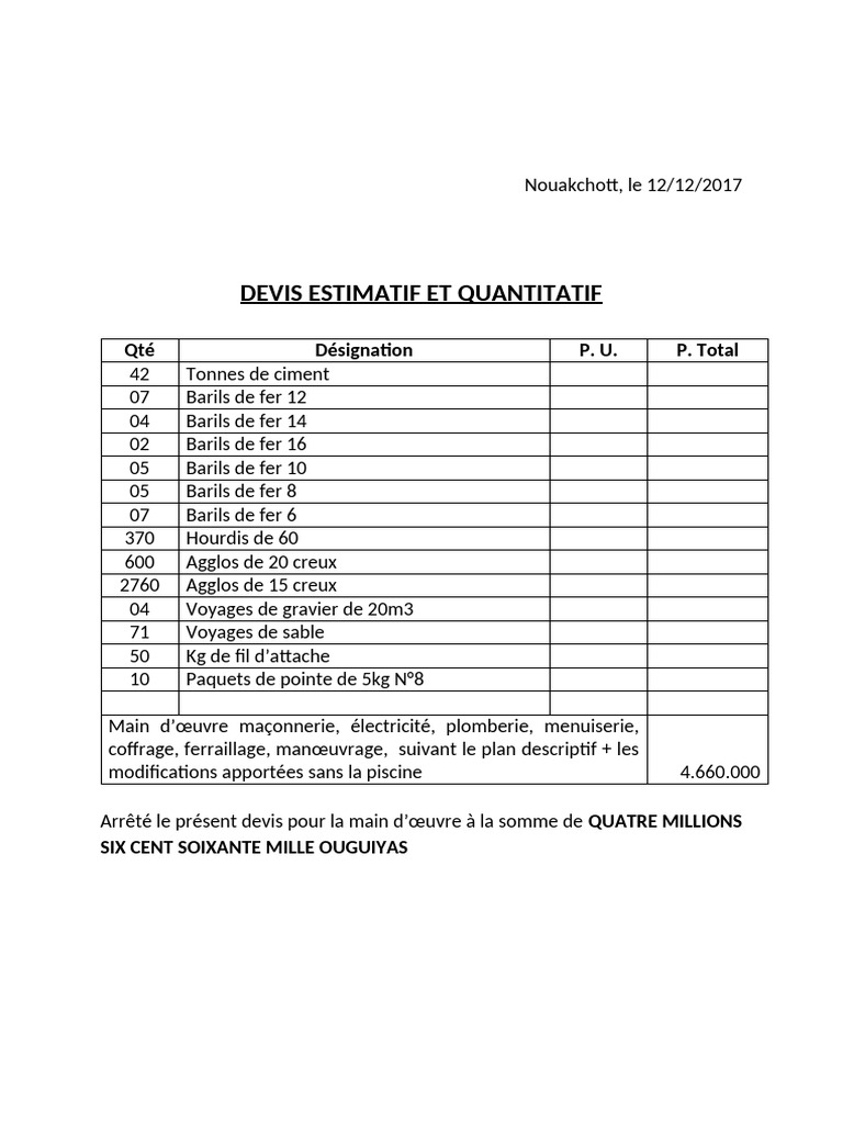 Devis Estimatif de Matériaux et Main d'Œuvre | PDF
