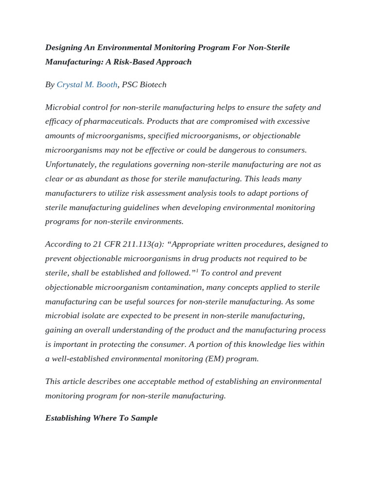 Environmental Monitoring for Non-Sterile Manufacturing | PDF ...
