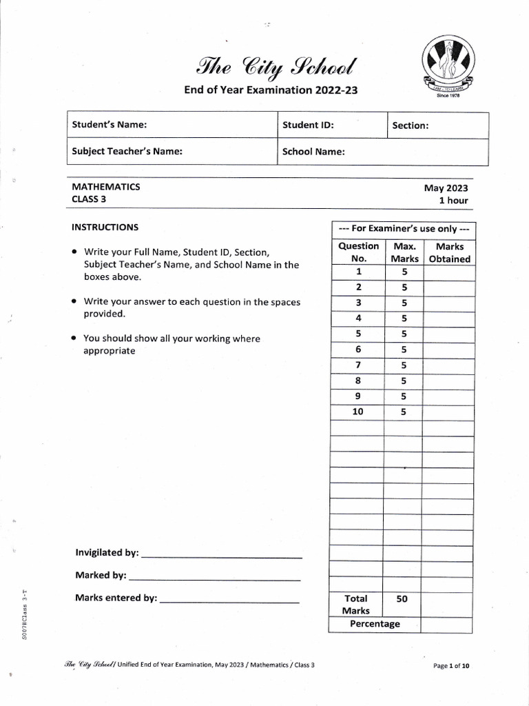 Class 3 Mathematics Exam 2023 | PDF | Shape | Area