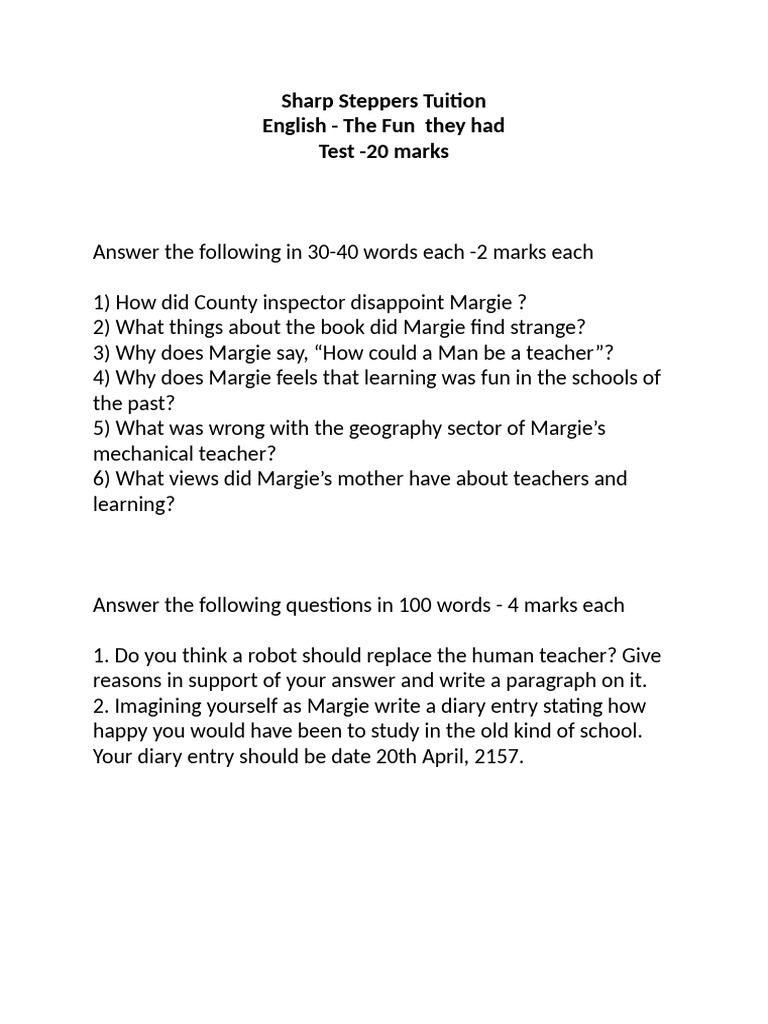 Test Paper on "The Fun They Had" | PDF