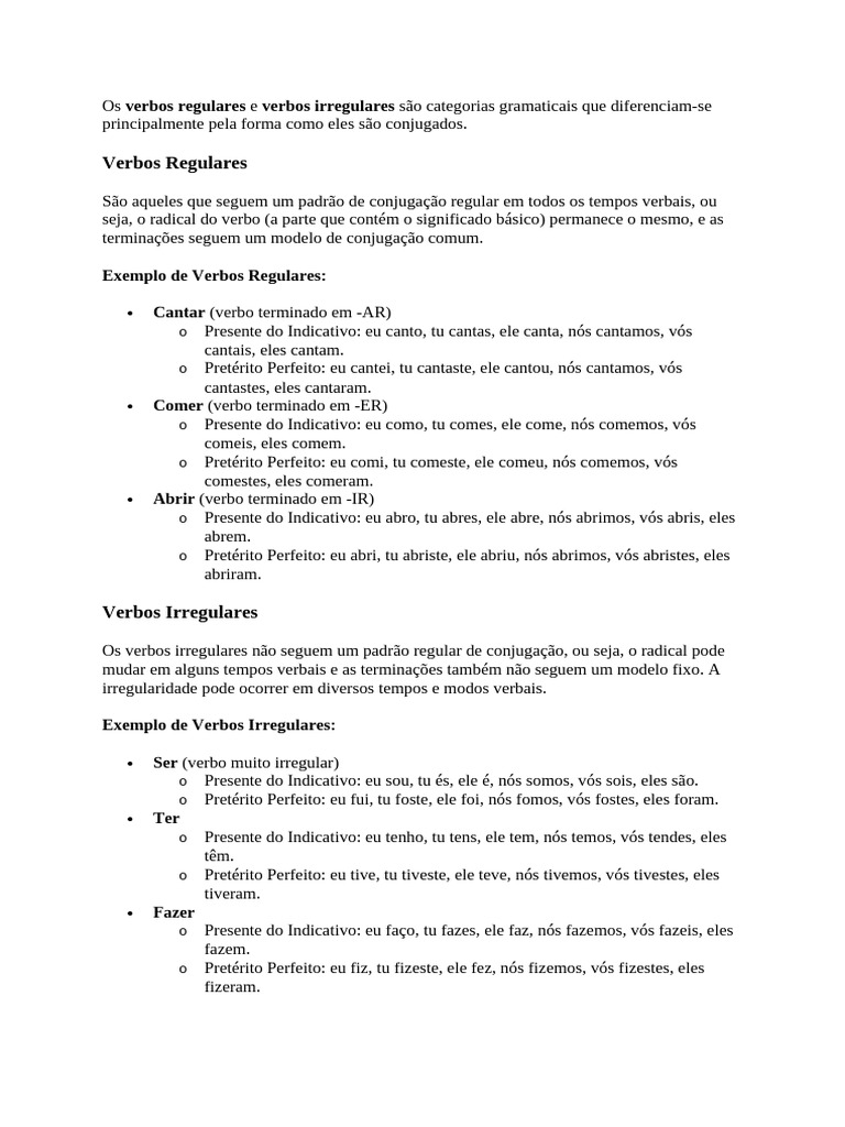 Verbos Regulares e Irregulares em Português | PDF | Linguística ...