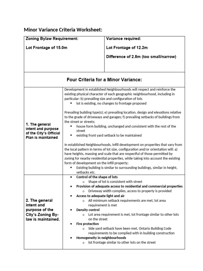 Minor Variance Criteria for Lot Frontage | PDF | Zoning | Urban Planning