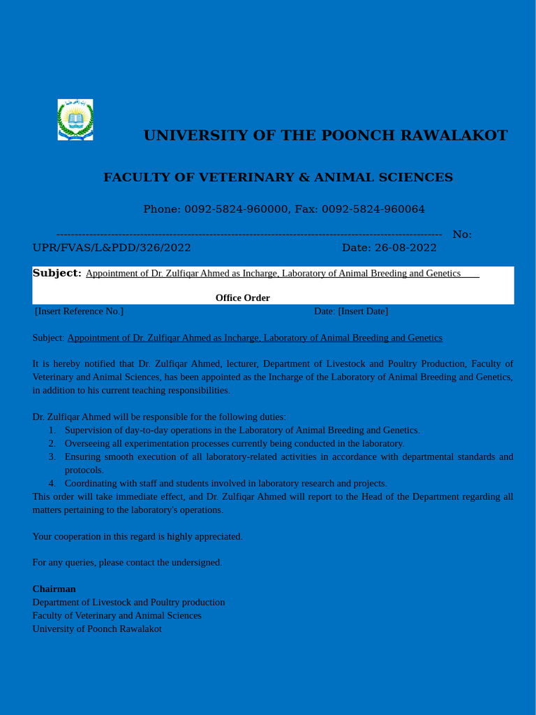 Dr. Zulfiqar Ahmed Appointed Lab Incharge | PDF | Wellness