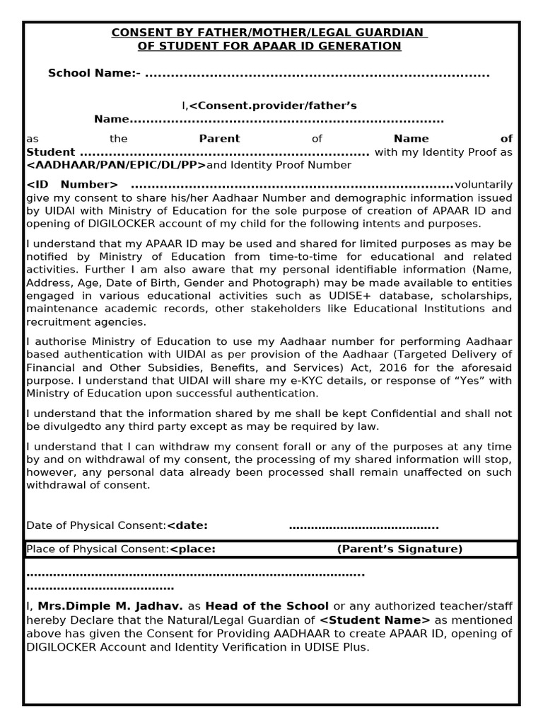 APAAR ID Consent Form for Parents | PDF | Authentication | Access Control