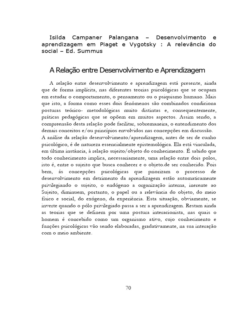 Desenvolvimento e Aprendizagem: Piaget e Vygotsky | PDF | Aprendizado ...