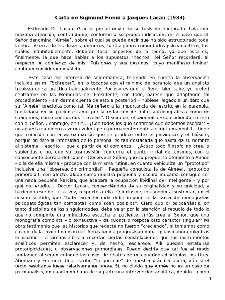 07-11-Carta de Sigmund Freud A Jacques Lacan - 1933 | PDF ...
