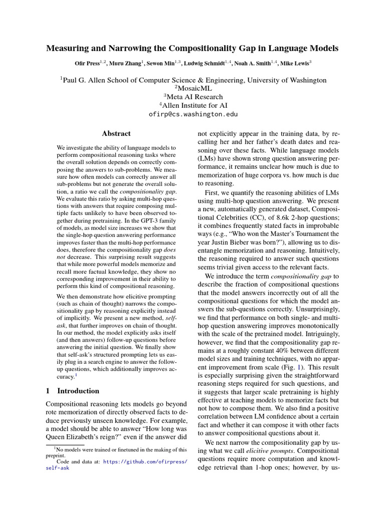 Measuring and Narrowing The Compositionality Gap in Language Models | PDF