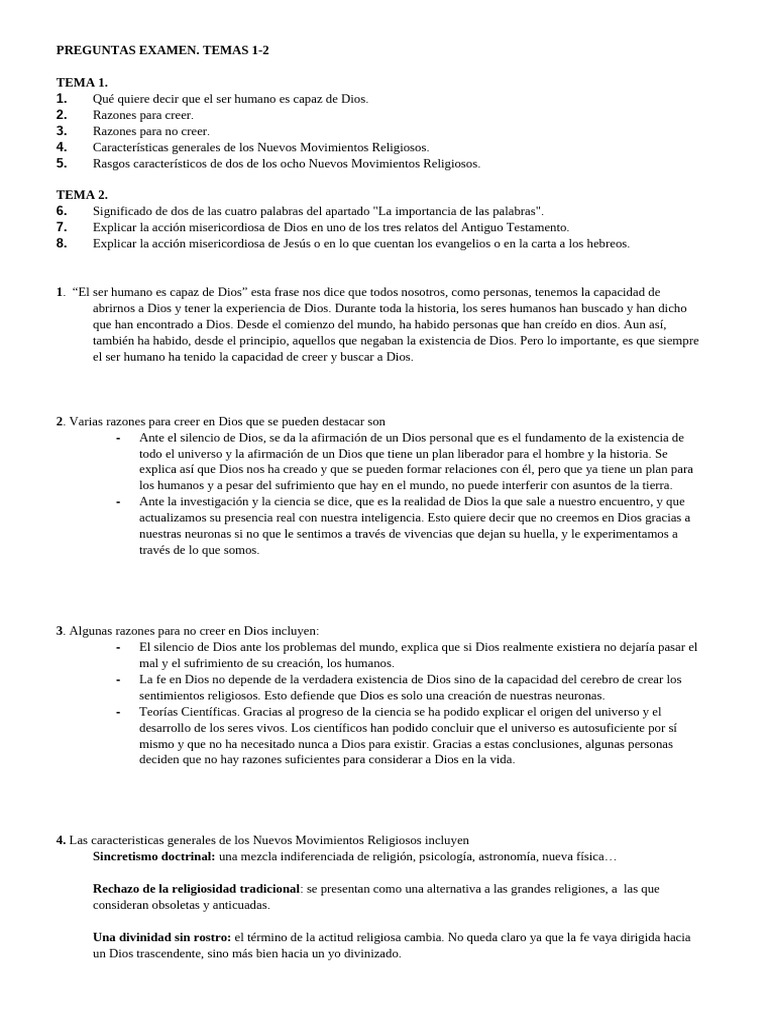 Preguntas de Examen Religioso | PDF | Dios | Salvación