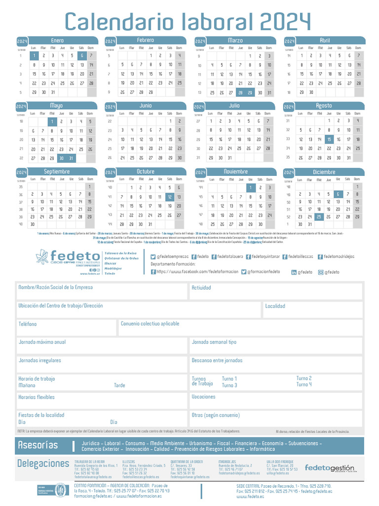 Fedeto Calendraio Laboral 2024 | PDF | Fiestas cristianas y días santos ...