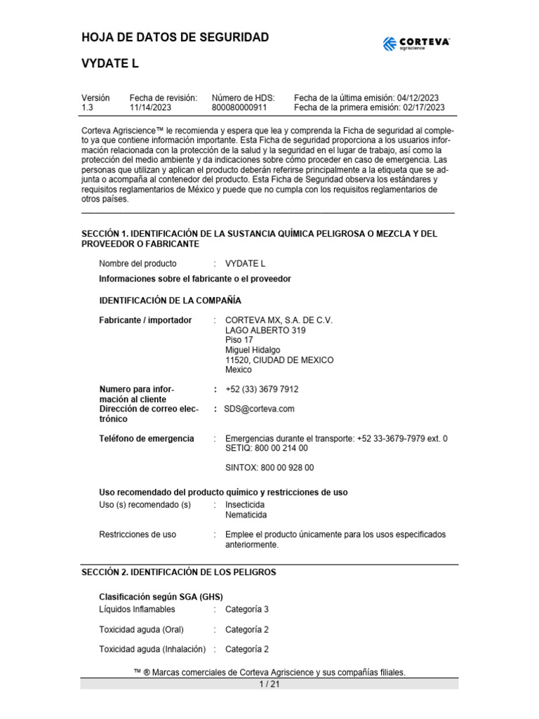 Vydate L - SDS MX | PDF | Metanol | Toxicidad