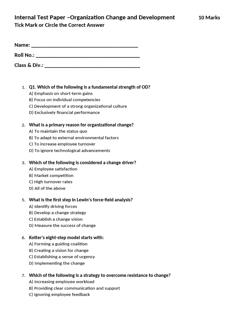 Organizational Change and Development Quiz | PDF | Business | Applied ...