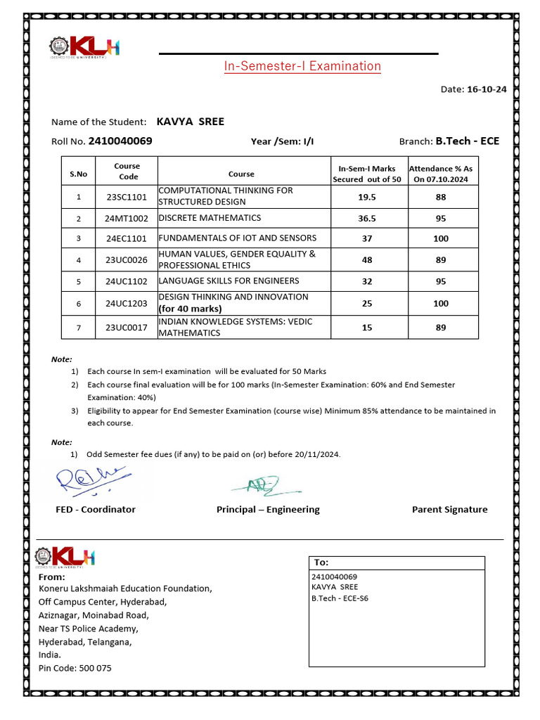 Student Academic Progress Report: Kavya Sree 2410040069 B.Tech - ECE | PDF