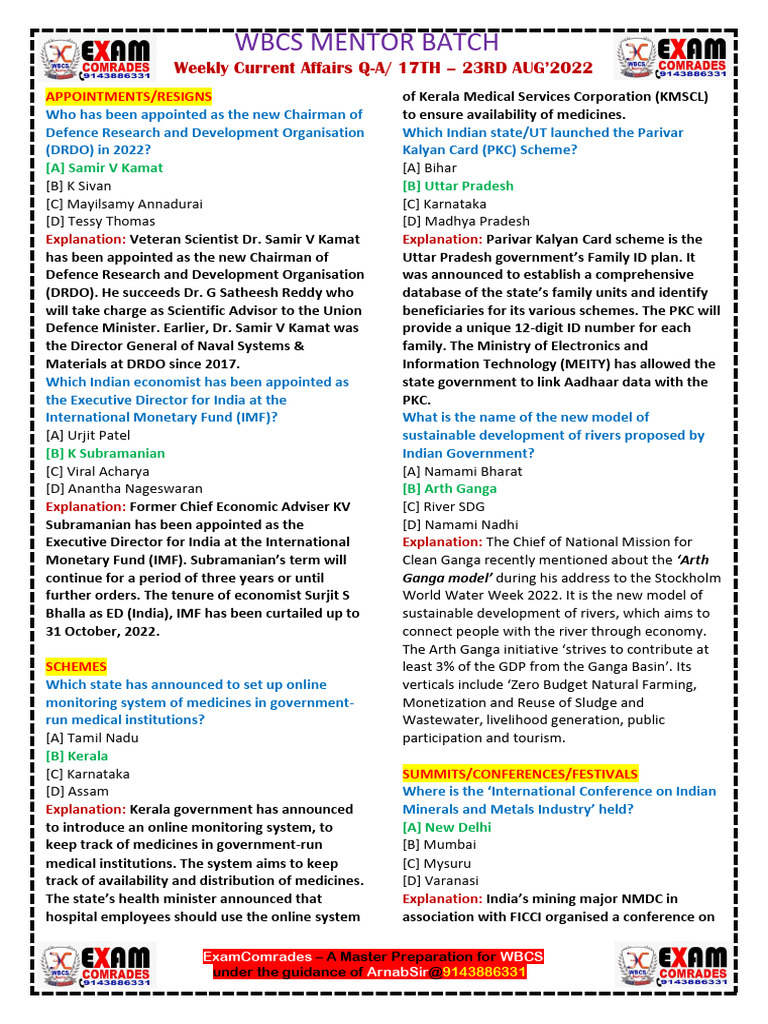 Weekly Current Affairs Q - A 24th - 31st AUGUST - 2022 | PDF