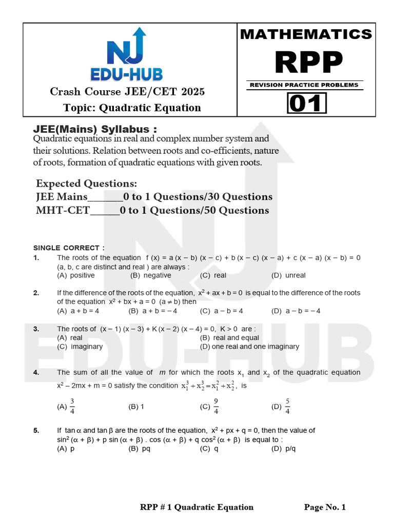 01 Quadratic Equation RPP | PDF | Quadratic Equation | Mathematical ...