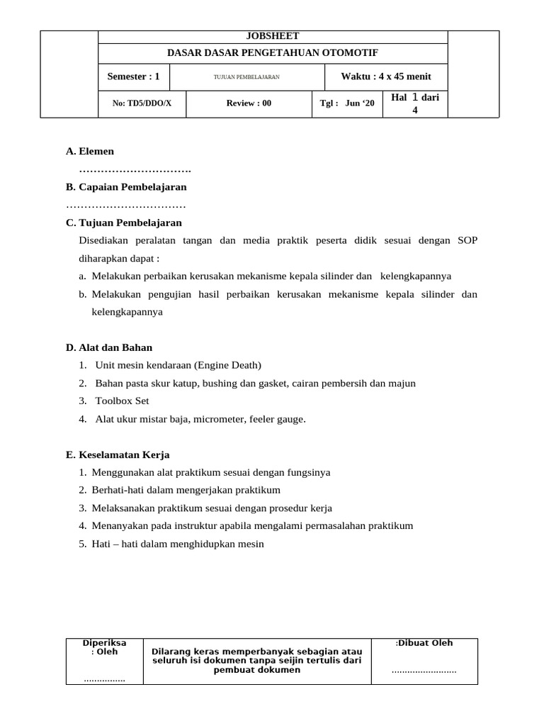 Contoh Jobsheet Praktikum Otomotif | PDF