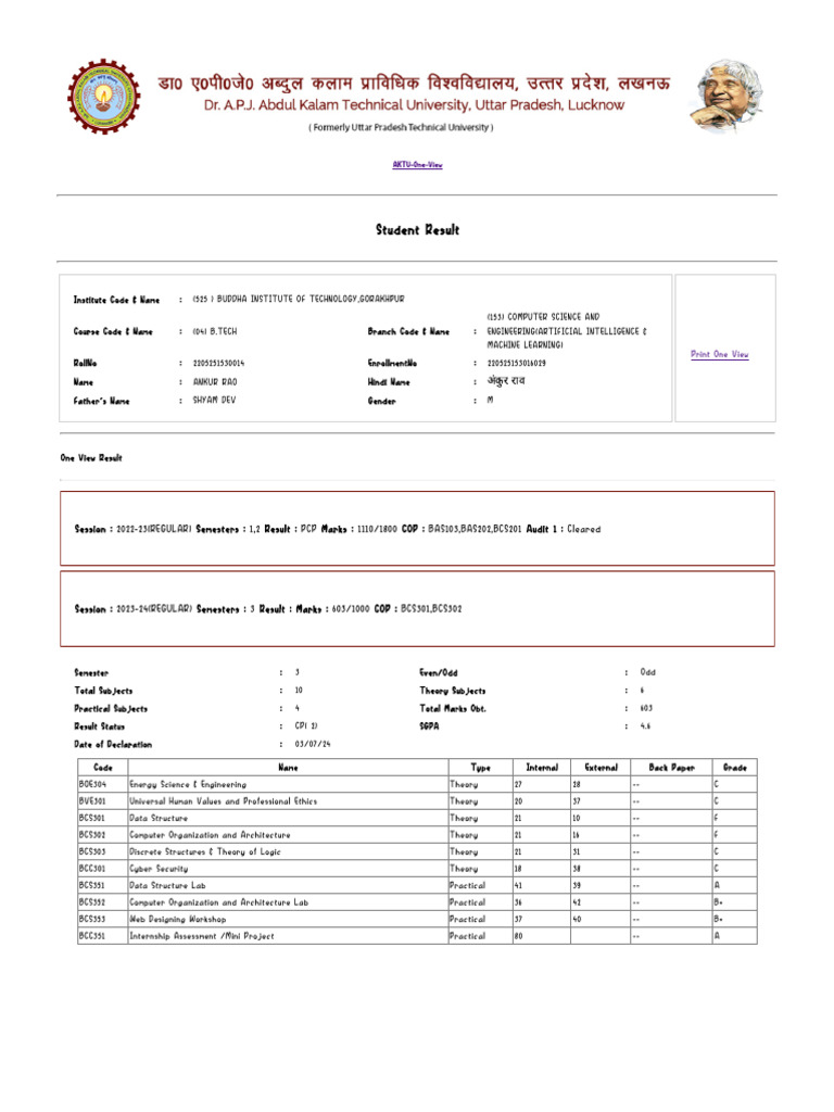AKTU Student Result: B.Tech CSE AI/ML | PDF | Computing | Computer Science