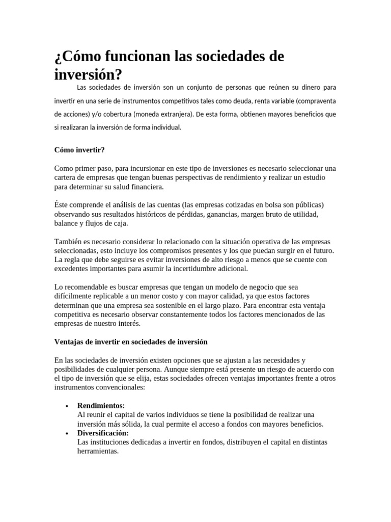 Cómo Funcionan Las Sociedades de Inversión | PDF | Empresa de ...