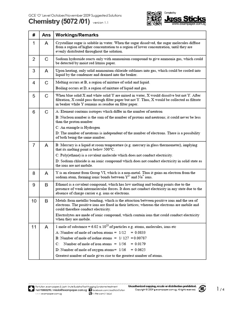 Gce o Level 2009 Chemistry 5072 Paper 1 Solutions | PDF | Redox | Ion