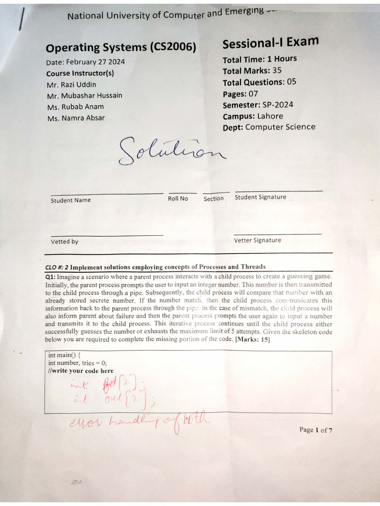 OS Mid1 Spring2024 Solution 3 | PDF
