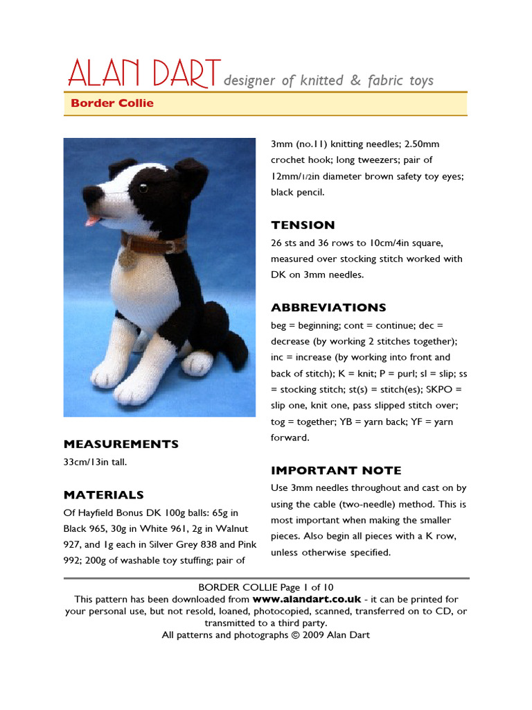 Alan Dart Border Collie Knitting Pattern | PDF | Knitting | Crochet
