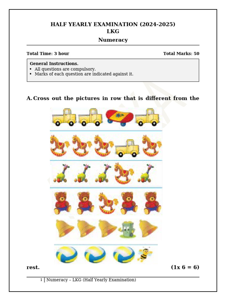 LKG Numeracy Half Yearly Exam 2024-25 | PDF
