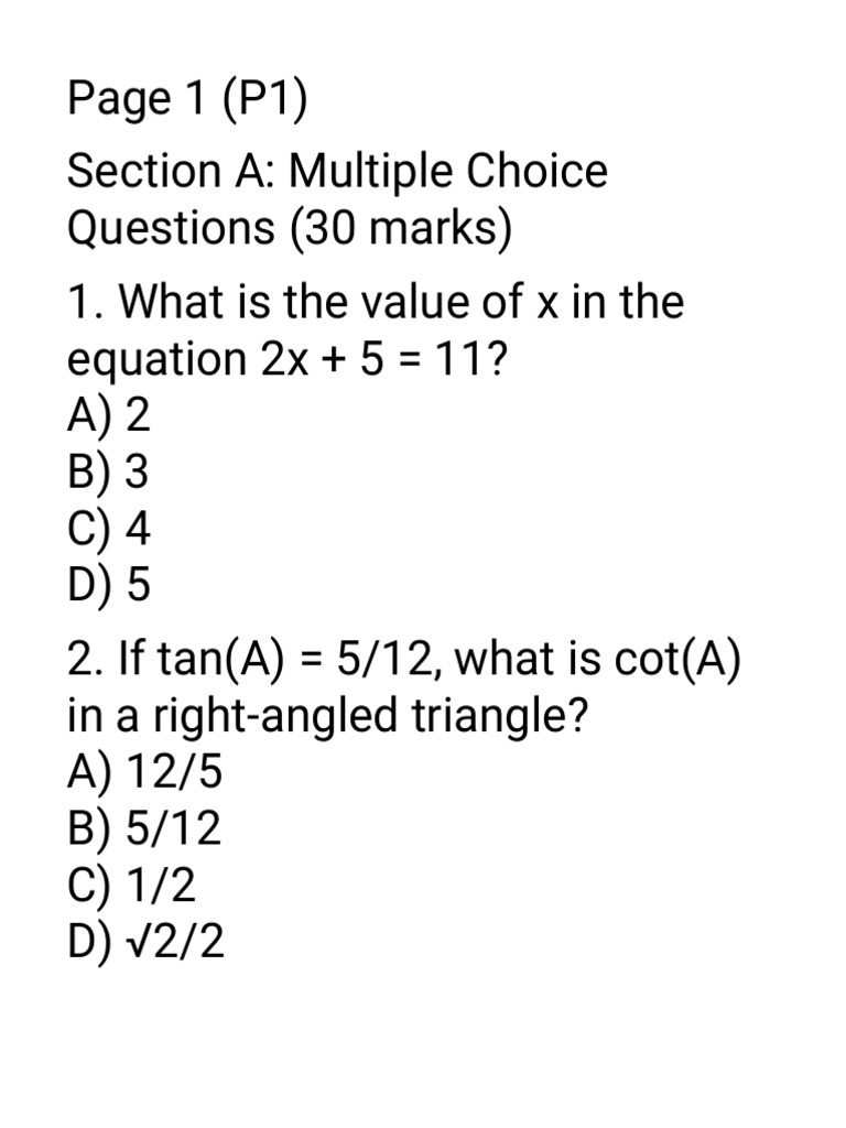 Math Exam: MCQs, Short Answers, Essays | PDF
