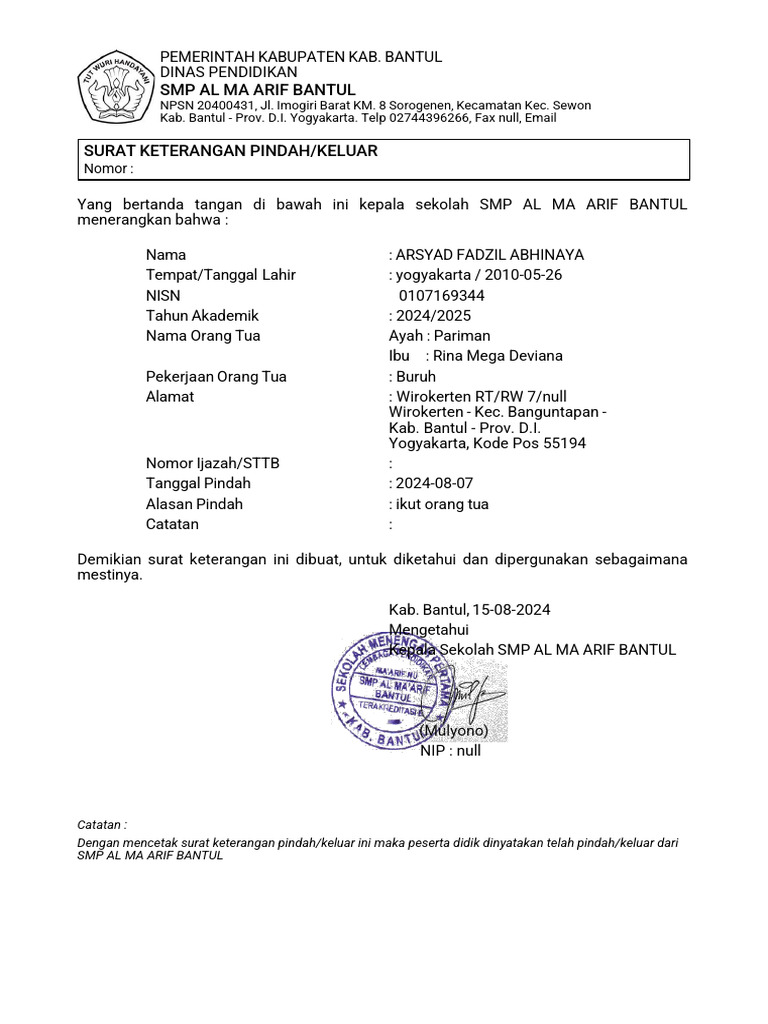 Surat Mutasi Arsyad Fadil Abhinaya Dapodik | PDF