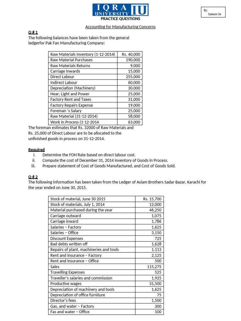 Manufacturing Accounting Practice Questions | PDF | Cost Of Goods Sold ...